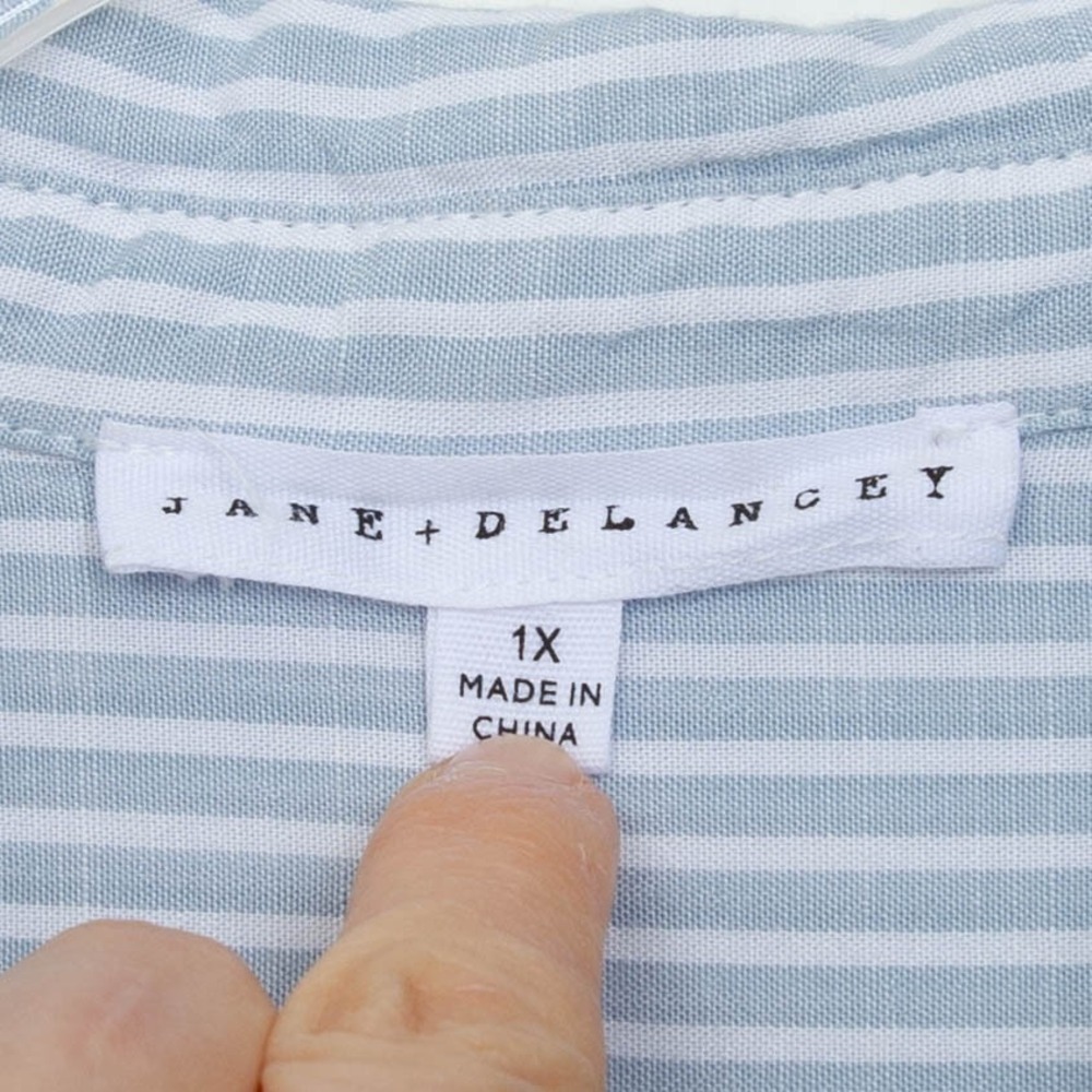 Jane +‎ Delancey Womens Striped Floral Embroidered Shirt Size 1X Blue Roll Tab - Picture 5 of 8
